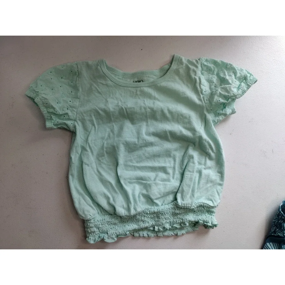 Carters Kid Girls Mint Eyelet‎ Top and Teal Floral Skirt Set Size 5